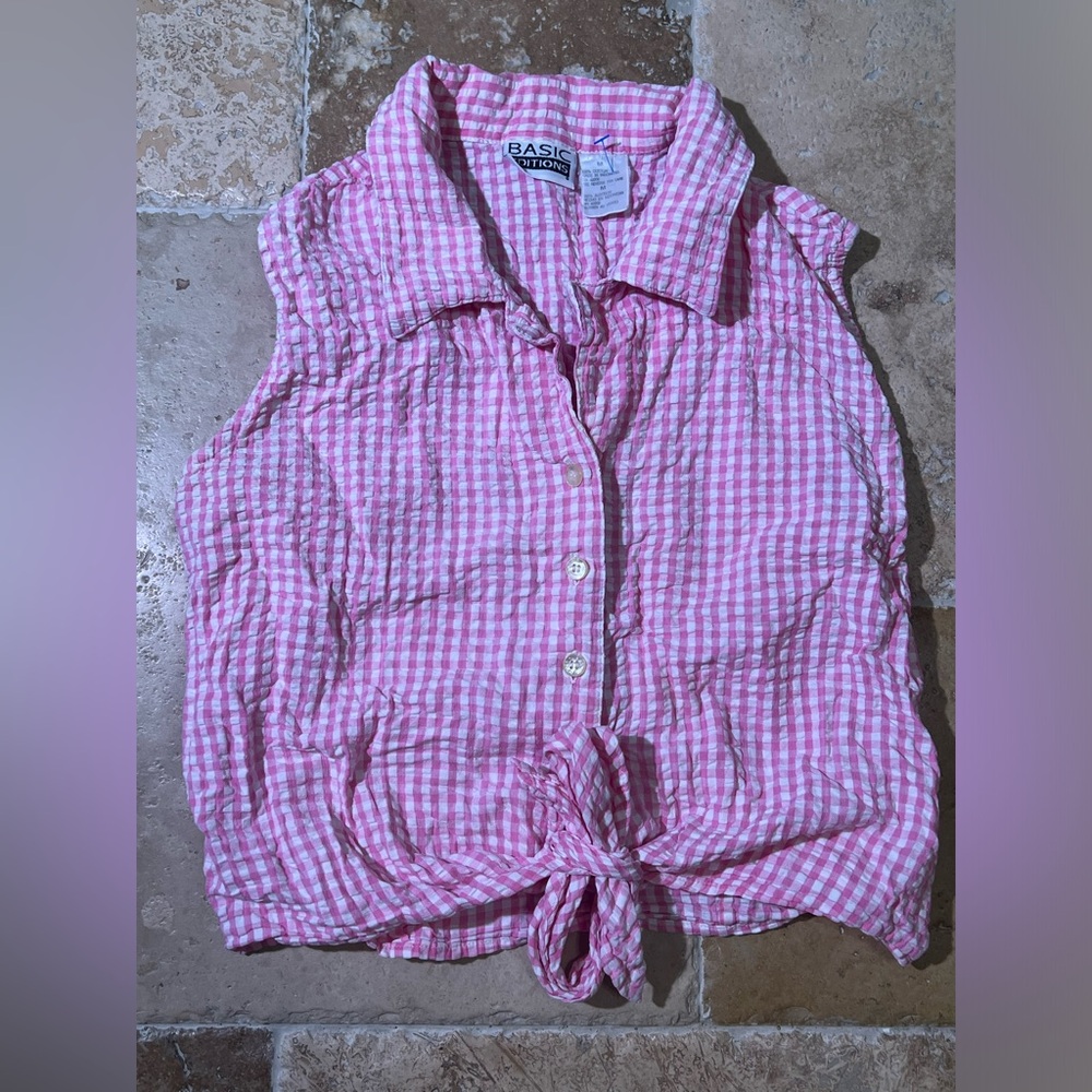 Pink Gingham Tied Button Up Crop Top Tank Sleeveless Coquette Cowgirl Aesthetic